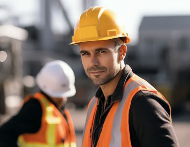 mężczyzna na budowie w zóółtym kasku roboczym i kamizelce odblaskowej