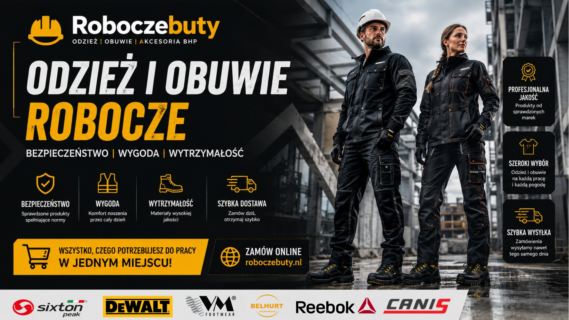 Baner sklepu RoboczeButy.nl przedstawiający profesjonalną odzież roboczą, buty robocze oraz odzież BHP dla kobiet i mężczyzn pracujących w budownictwie i przemyśle.